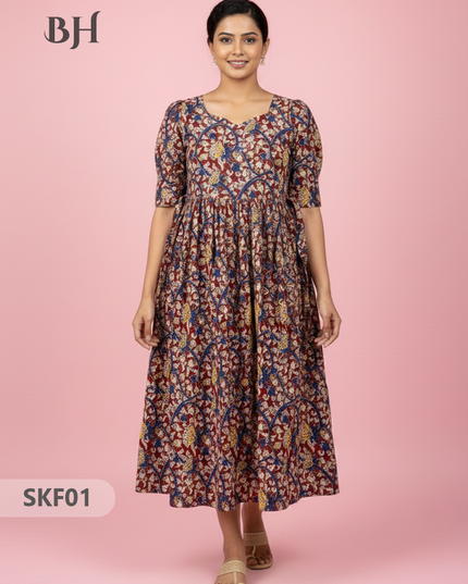 Feeding Frock with Kalamkari Design – Red Color | Invisible Zips | Half Lining Maternity Wear