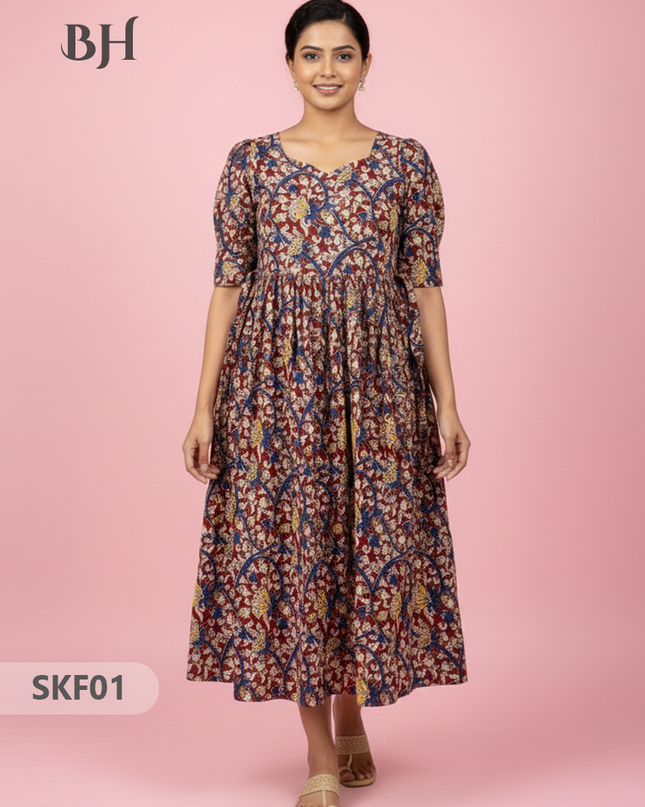 Feeding Frock with Kalamkari Design – Red Color | Invisible Zips | Half Lining Maternity Wear