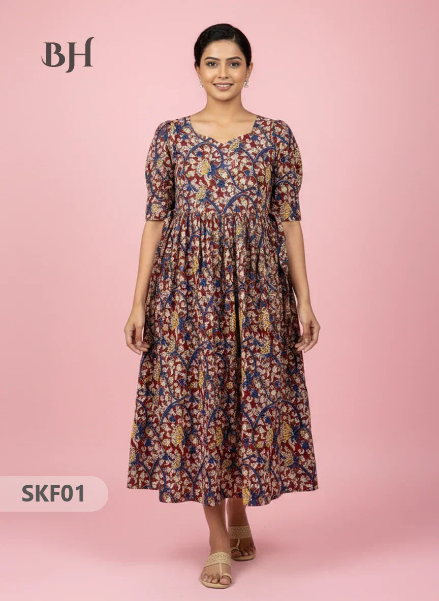 Feeding Frock with Kalamkari Design – Red Color | Invisible Zips | Half Lining Maternity Wear