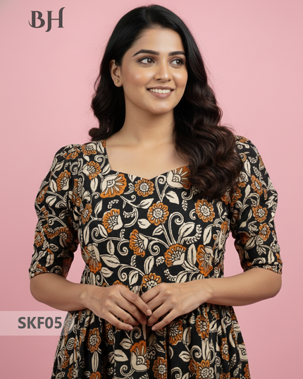 Feeding Frock with Kalamkari Design – Black Color | Invisible Zips | Half Lining Maternity Wear