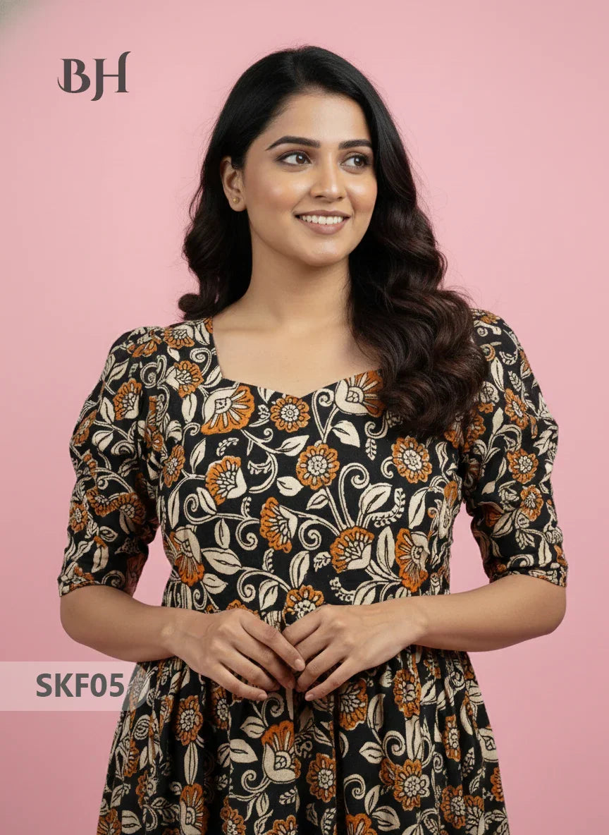 Feeding Frock with Kalamkari Design – Black Color | Invisible Zips | Half Lining Maternity Wear