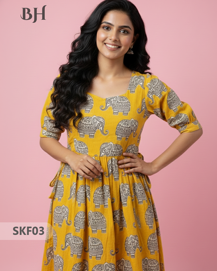 Feeding Frock with Kalamkari Design – Yellow Color | Invisible Zips | Half Lining Maternity Wear
