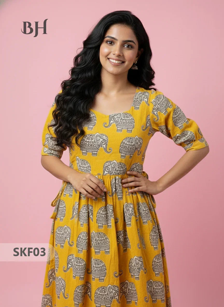 Feeding Frock with Kalamkari Design – Yellow Color | Invisible Zips | Half Lining Maternity Wear