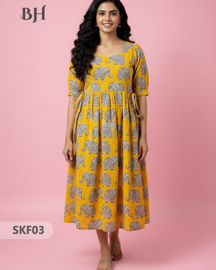 Feeding Frock with Kalamkari Design – Yellow Color | Invisible Zips | Half Lining Maternity Wear