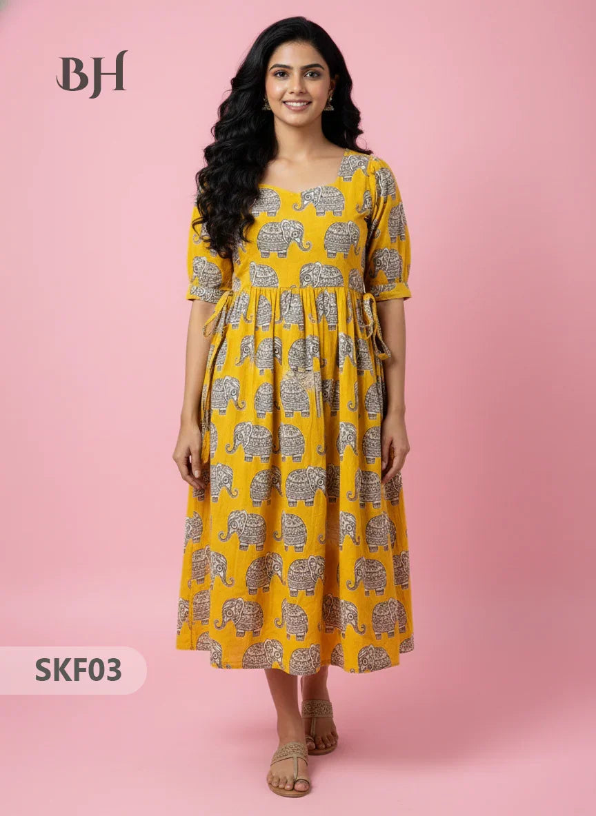 Feeding Frock with Kalamkari Design – Yellow Color | Invisible Zips | Half Lining Maternity Wear