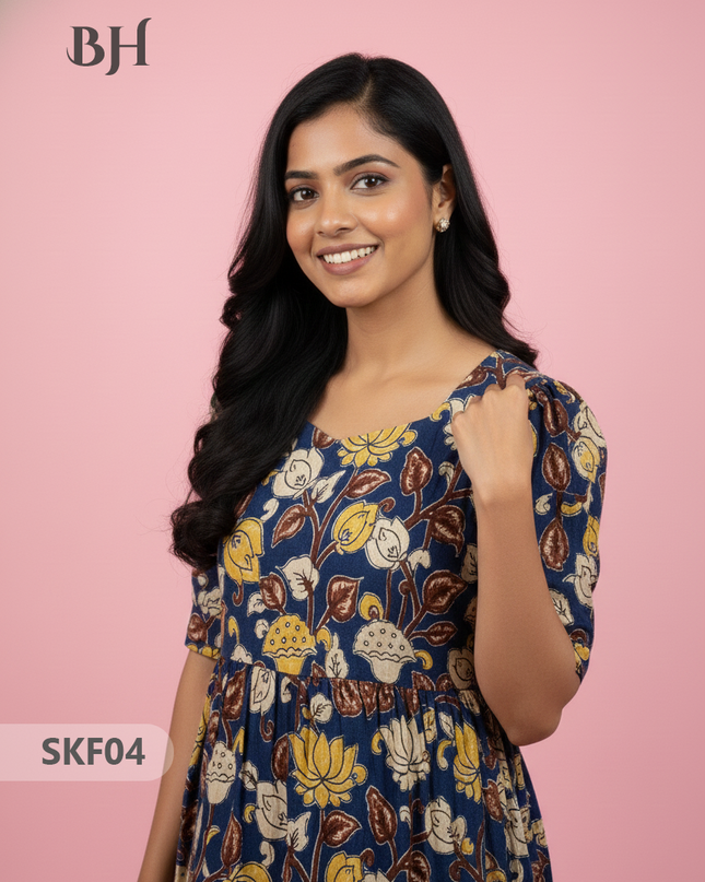 Feeding Frock with Kalamkari Design – Blue Color | Invisible Zips | Half Lining Maternity Wear