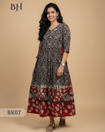 Designer Kalamkari Frock Black & Red Colour – One Side Border Premium Cotton Fabric