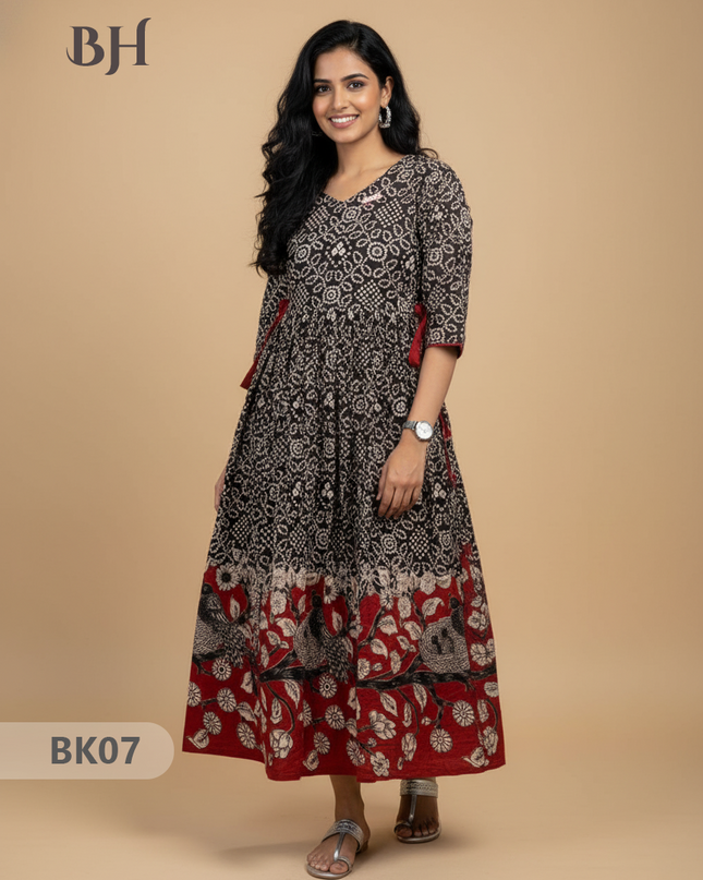 Designer Kalamkari Frock Black & Red Colour – One Side Border Premium Cotton Fabric