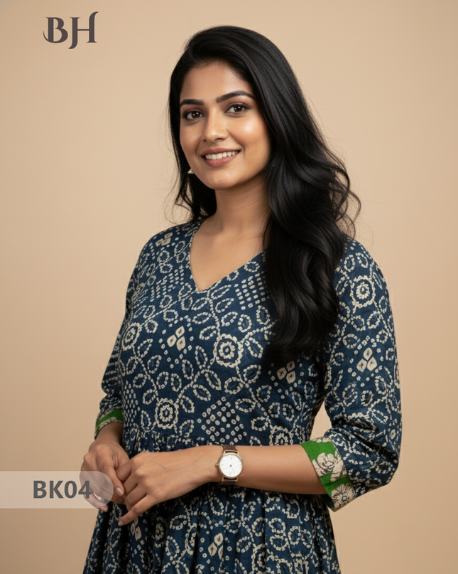 Designer Kalamkari Frock Dark Blue & Green Colour – One Side Border Premium Cotton Fabric