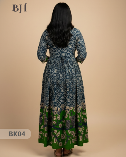 Designer Kalamkari Frock Dark Blue & Green Colour – One Side Border Premium Cotton Fabric
