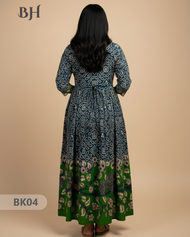Designer Kalamkari Frock Dark Blue & Green Colour – One Side Border Premium Cotton Fabric