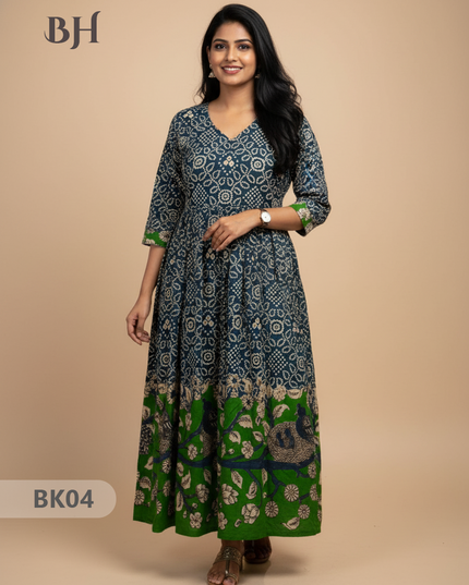 Designer Kalamkari Frock Dark Blue & Green Colour – One Side Border Premium Cotton Fabric