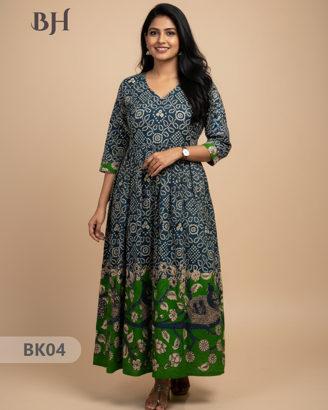 Designer Kalamkari Frock Dark Blue & Green Colour – One Side Border Premium Cotton Fabric
