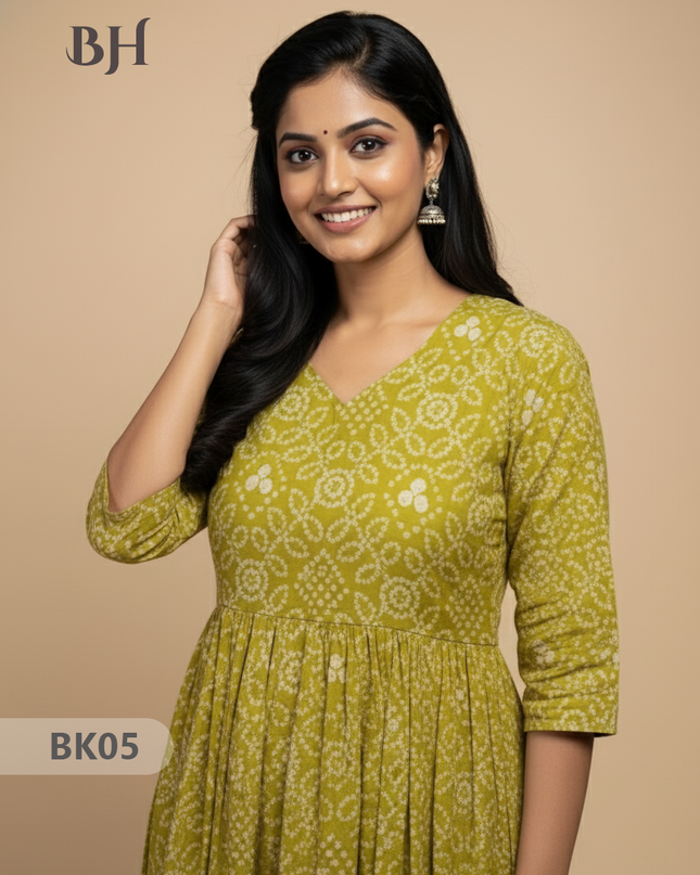 Designer Kalamkari Frock Half Light Green & Red Colour – One Side Border Premium Cotton Fabric