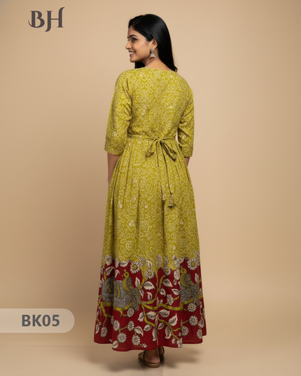 Designer Kalamkari Frock Half Light Green & Red Colour – One Side Border Premium Cotton Fabric