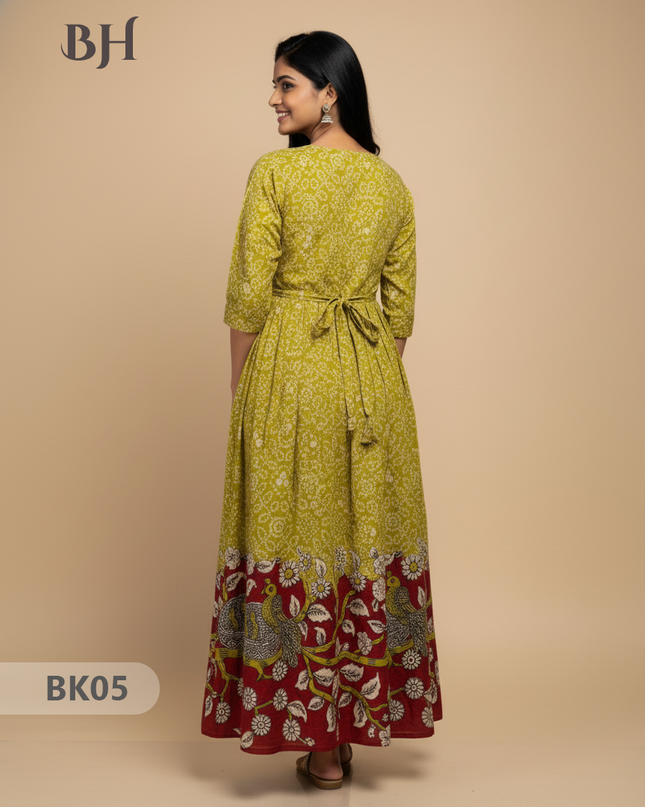 Designer Kalamkari Frock Half Light Green & Red Colour – One Side Border Premium Cotton Fabric
