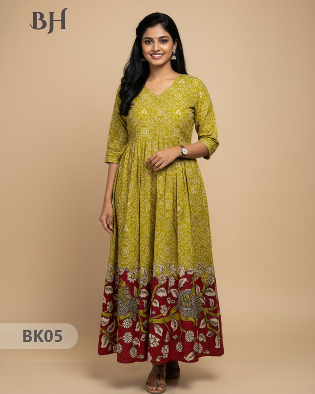 Designer Kalamkari Frock Half Light Green & Red Colour – One Side Border Premium Cotton Fabric