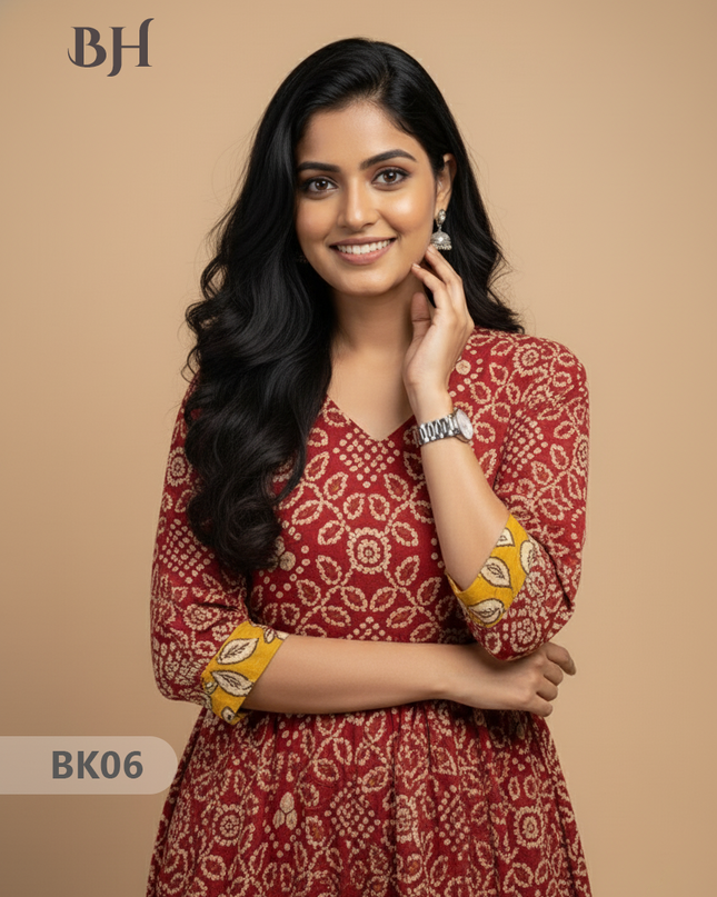 Designer Kalamkari Frock Half Red & Yellow Colour – One Side Border Premium Cotton Fabric