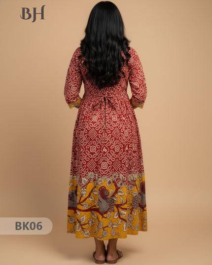 Designer Kalamkari Frock Half Red & Yellow Colour – One Side Border Premium Cotton Fabric