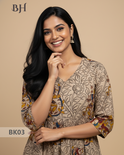 Designer Kalamkari Frock Half White & Yellow Colour – One Side Border Premium Cotton Fabric