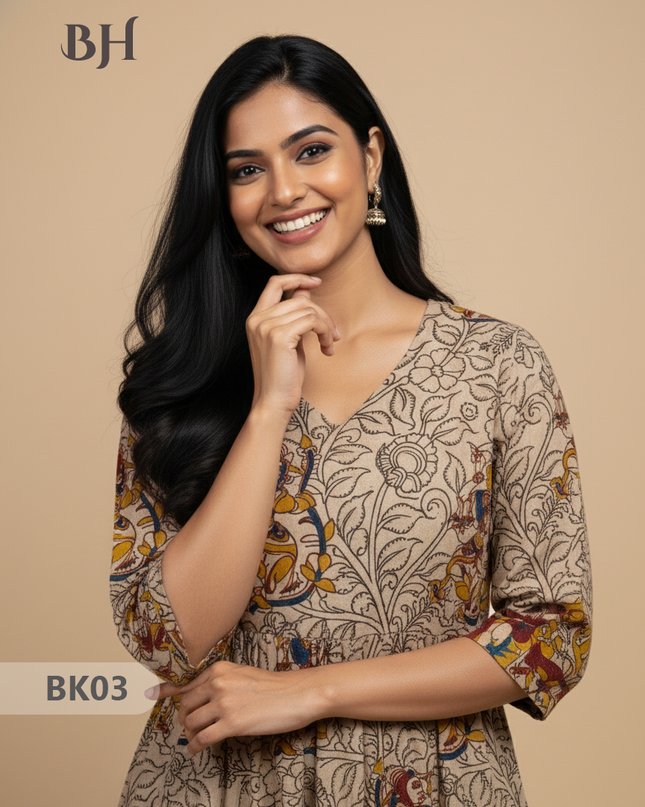 Designer Kalamkari Frock Half White & Yellow Colour – One Side Border Premium Cotton Fabric