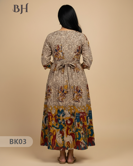 Designer Kalamkari Frock Half White & Yellow Colour – One Side Border Premium Cotton Fabric