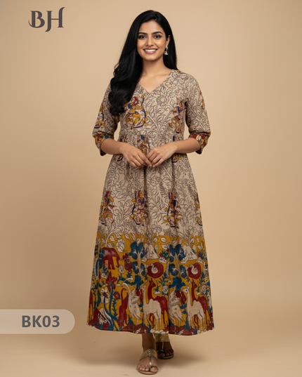 Designer Kalamkari Frock Half White & Yellow Colour – One Side Border Premium Cotton Fabric