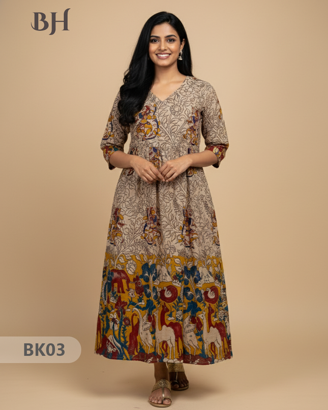 Designer Kalamkari Frock Half White & Yellow Colour – One Side Border Premium Cotton Fabric