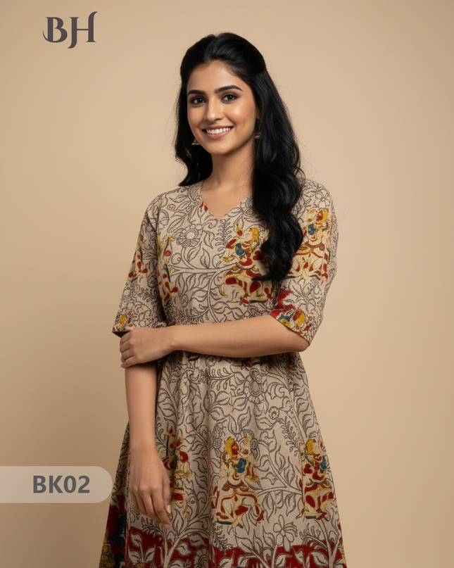 Designer Kalamkari Frock Half White & Red Colour – One Side Border Premium Cotton Fabric