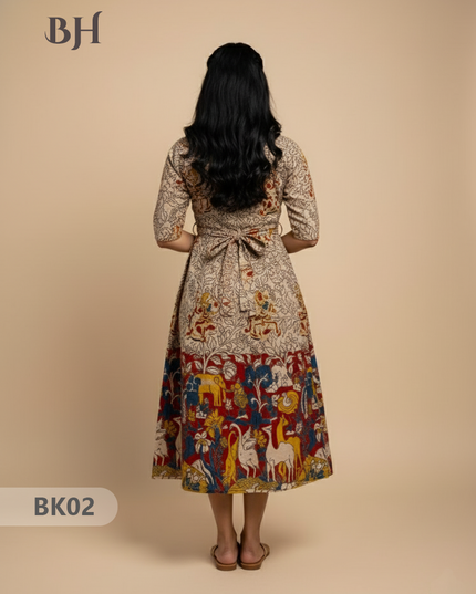 Designer Kalamkari Frock Half White & Red Colour – One Side Border Premium Cotton Fabric