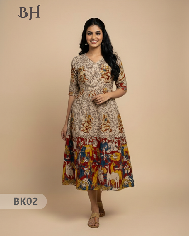 Designer Kalamkari Frock Half White & Red Colour – One Side Border Premium Cotton Fabric