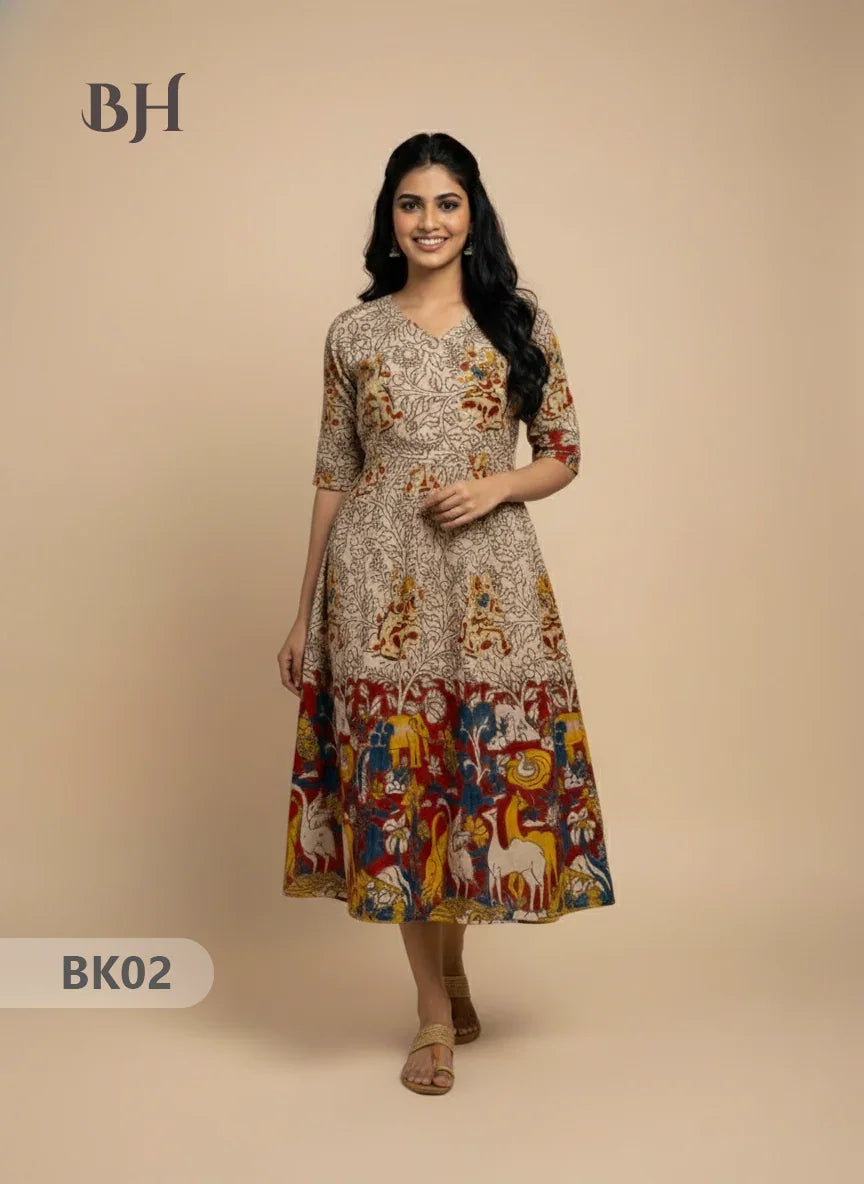 Designer Kalamkari Frock Half White & Red Colour – One Side Border Premium Cotton Fabric