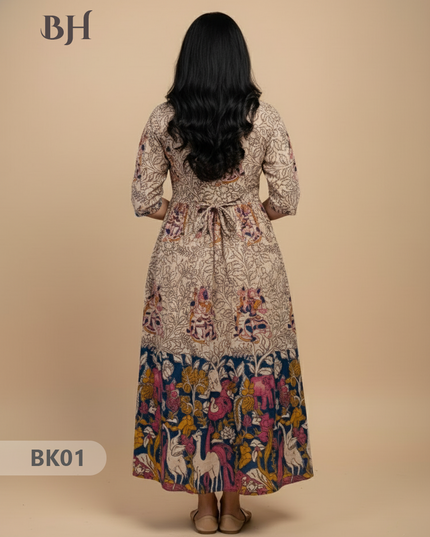 Designer Kalamkari Frock Half White & Blue Colour – One Side Border Premium Cotton Fabric