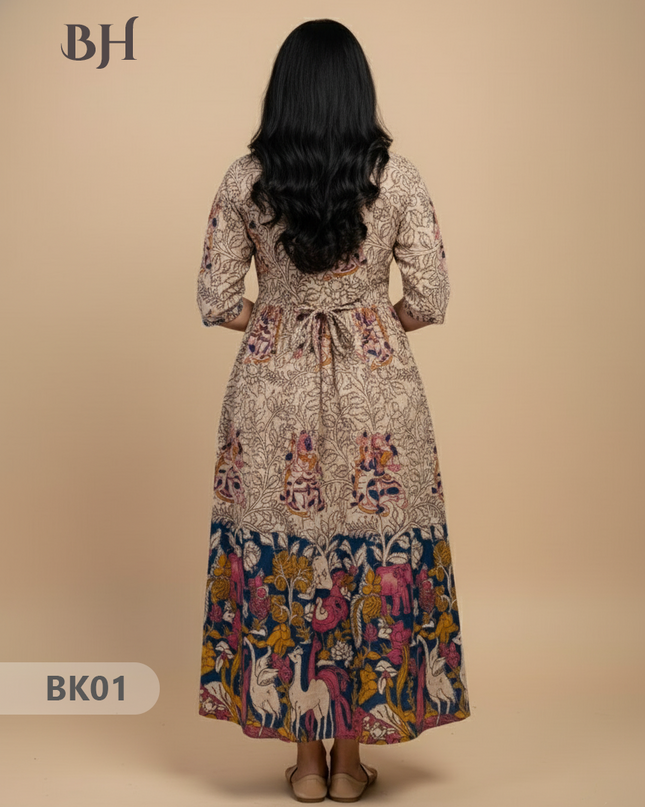 Designer Kalamkari Frock Half White & Blue Colour – One Side Border Premium Cotton Fabric