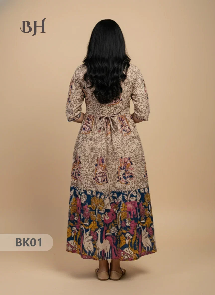 Designer Kalamkari Frock Half White & Blue Colour – One Side Border Premium Cotton Fabric
