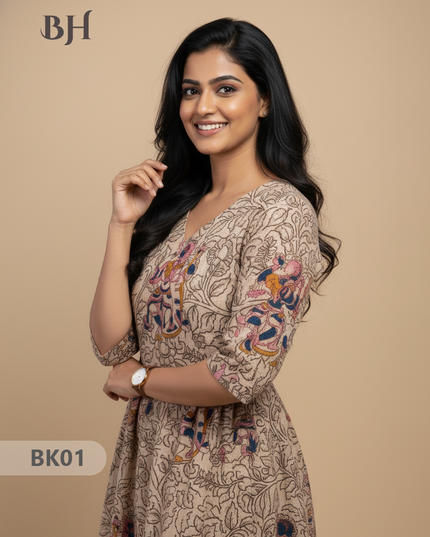 Designer Kalamkari Frock Half White & Blue Colour – One Side Border Premium Cotton Fabric