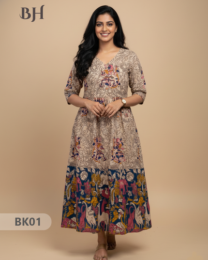 Designer Kalamkari Frock Half White & Blue Colour – One Side Border Premium Cotton Fabric