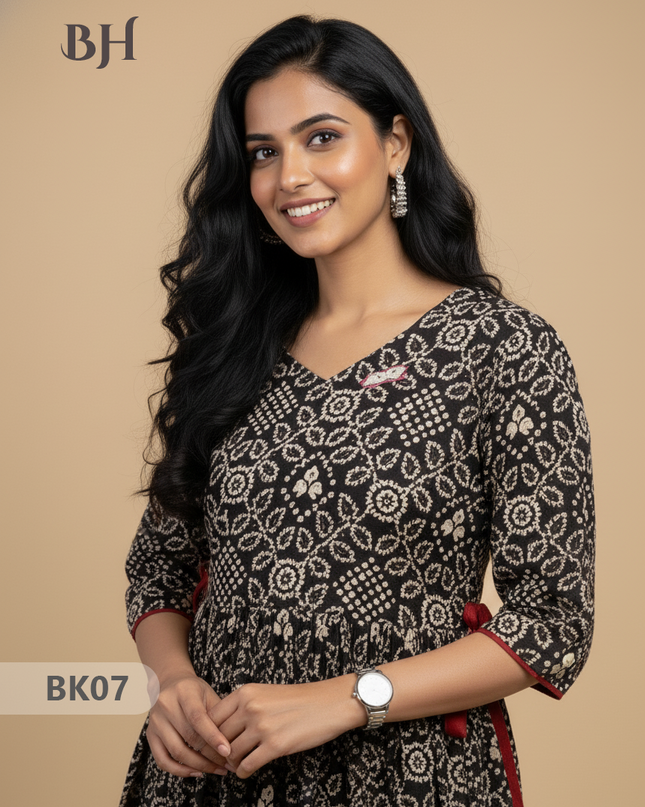 Designer Kalamkari Frock Black & Red Colour – One Side Border Premium Cotton Fabric