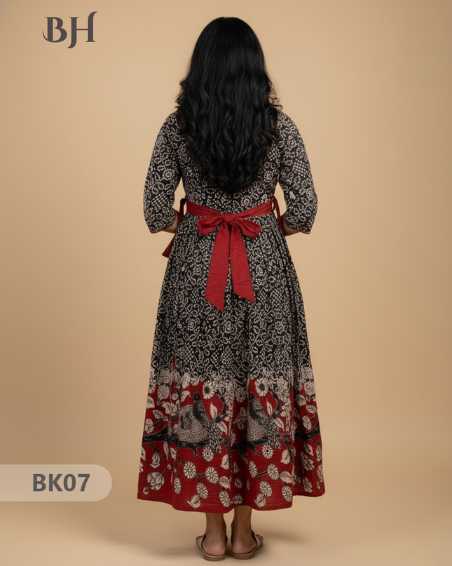 Designer Kalamkari Frock Black & Red Colour – One Side Border Premium Cotton Fabric