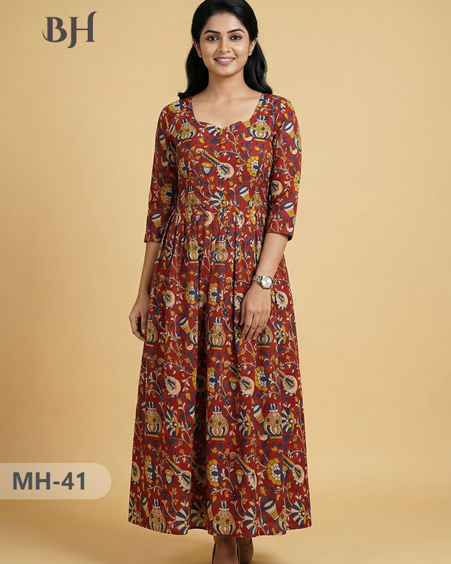 Kalamkari Design Frock – Red Colour | Handloom Ethnic Wear with Half Lining