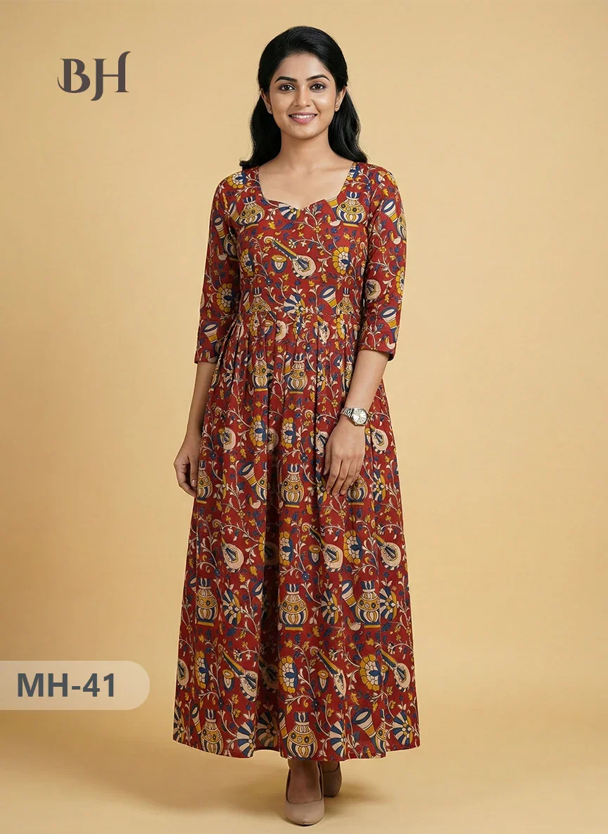 Kalamkari Design Frock – Red Colour | Handloom Ethnic Wear with Half Lining