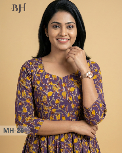 Kalamkari Design Frock – Violet Colour | Handloom Ethnic Wear with Half Lining