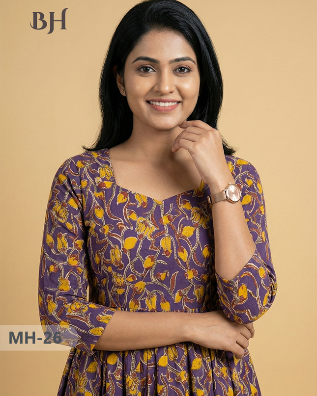 Kalamkari Design Frock – Violet Colour | Handloom Ethnic Wear with Half Lining