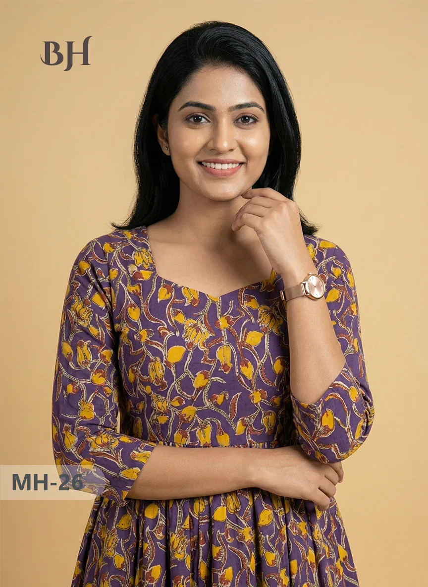 Kalamkari Design Frock – Violet Colour | Handloom Ethnic Wear with Half Lining