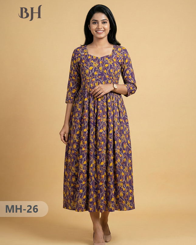Kalamkari Design Frock – Violet Colour | Handloom Ethnic Wear with Half Lining