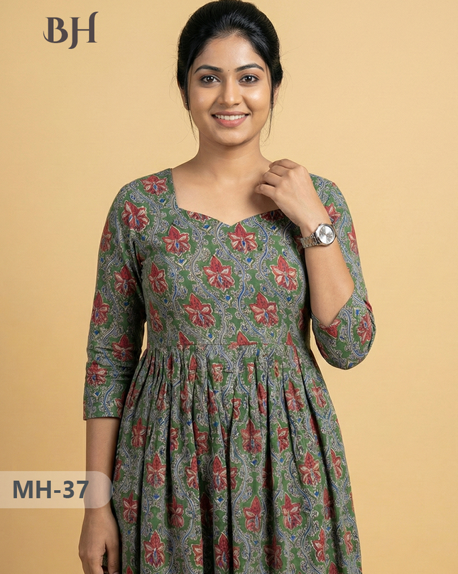 Kalamkari Design Frock – Green Colour | Handloom Ethnic Wear with Half Lining