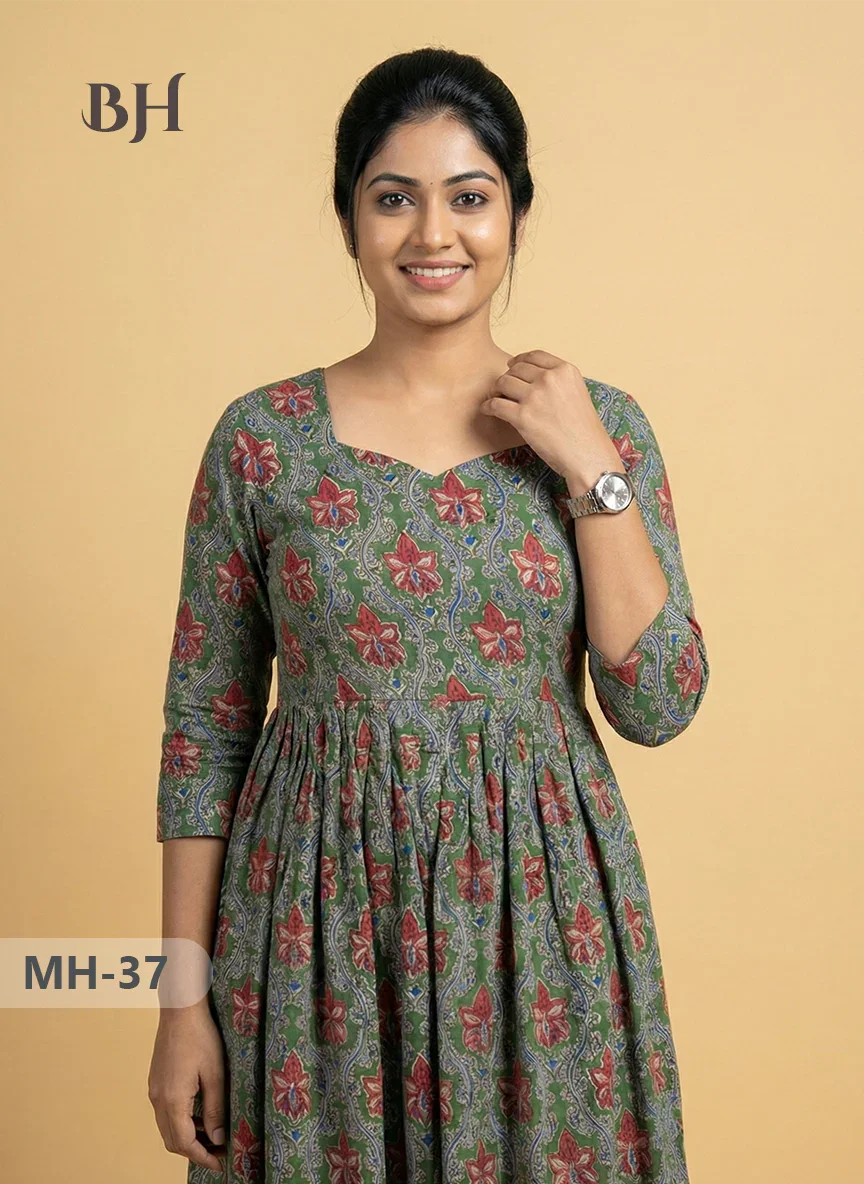 Kalamkari Design Frock – Green Colour | Handloom Ethnic Wear with Half Lining