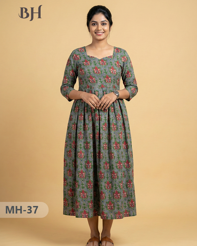 Kalamkari Design Frock – Green Colour | Handloom Ethnic Wear with Half Lining