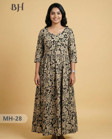 Kalamkari Design Frock – Black Colour | Handloom Ethnic Wear with Half Lining