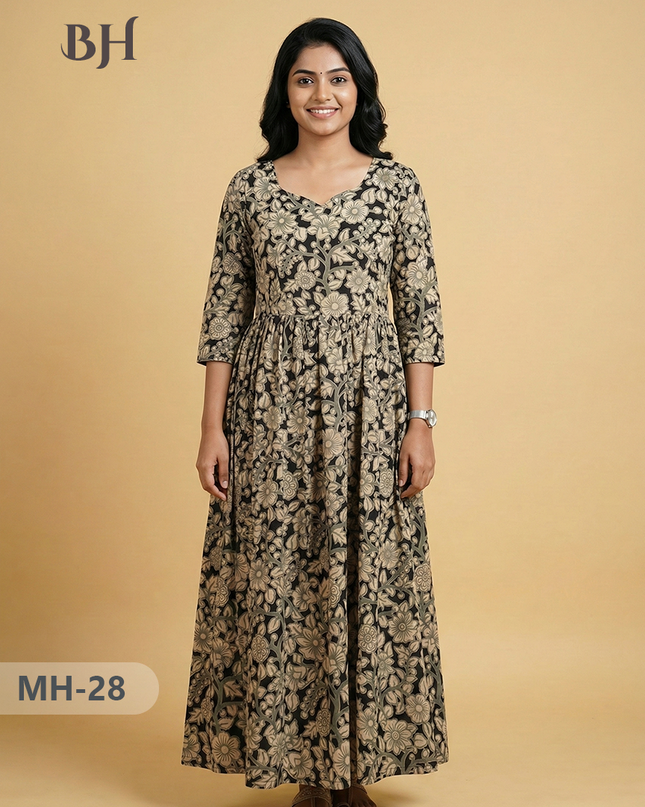 Kalamkari Design Frock – Black Colour | Handloom Ethnic Wear with Half Lining